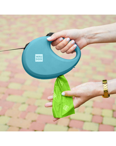 Повідець-рулетка для собак WAUDOG R-leash з контейнером для пакетів, світловідбивна стрічка, L, до 40 кг, 5 м, блакитний