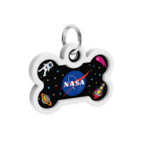 Адресник для собак і котів металевий WAUDOG Smart ID з QR паспортом, малюнок "NASA", кістка, Д 40 мм, Ш 28 мм