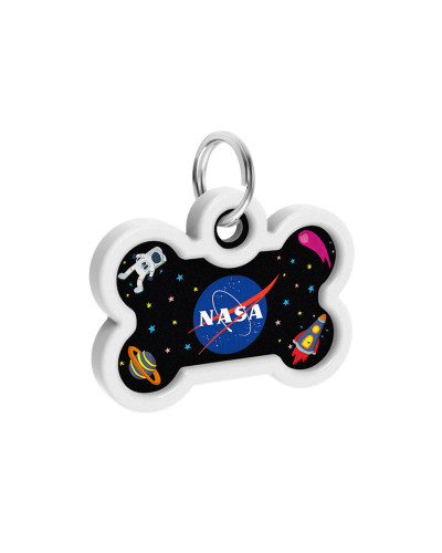Адресник для собак і котів металевий WAUDOG Smart ID з QR паспортом, малюнок "NASA", кістка, Д 40 мм, Ш 28 мм