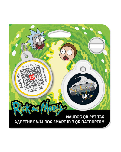 Адресник для собак і котів металевий WAUDOG Smart ID з QR паспортом, малюнок "Рік та Морті 1", коло, Д 30 мм