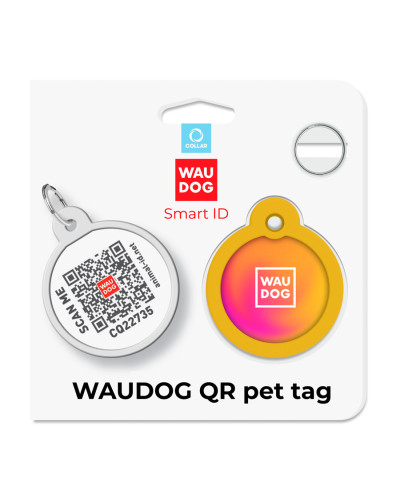 Адресник для собак і котів металевий WAUDOG Smart ID з QR паспортом, малюнок "Градієнт помаранчевий", коло, Д 30 мм