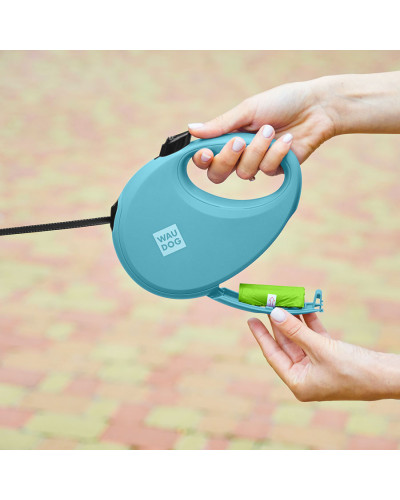 Повідець-рулетка для собак WAUDOG R-leash з контейнером для пакетів, світловідбивна стрічка, L, до 40 кг, 5 м, блакитний
