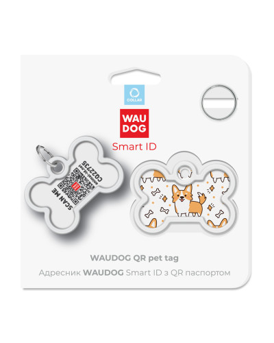 Адресник для собак і котів металевий WAUDOG Smart ID з QR паспортом, малюнок "Коргі", кістка, Д 40 мм, Ш 28 мм