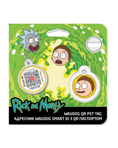 Адресник для собак і котів металевий WAUDOG Smart ID з QR паспортом, малюнок "Рік та Морті 2", коло, Д 25 мм