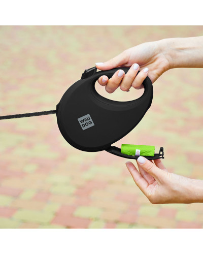 Повідець-рулетка для собак WAUDOG R-leash з контейнером для пакетів, світловідбивна стрічка, L, до 40 кг, 5 м, чорний
