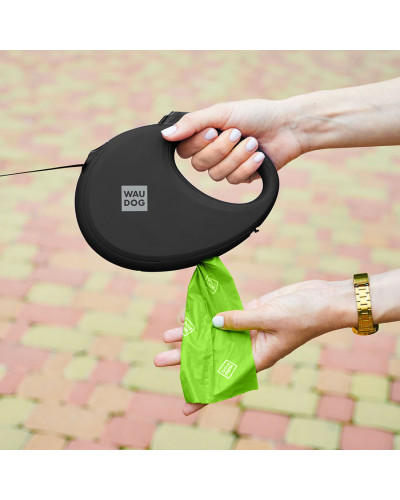Повідець-рулетка для собак WAUDOG R-leash з контейнером для пакетів, світловідбивна стрічка, L, до 40 кг, 5 м, чорний