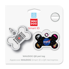 Адресник для собак і котів металевий WAUDOG Smart ID з QR паспортом, малюнок "NASA", кістка, Д 40 мм, Ш 28 мм