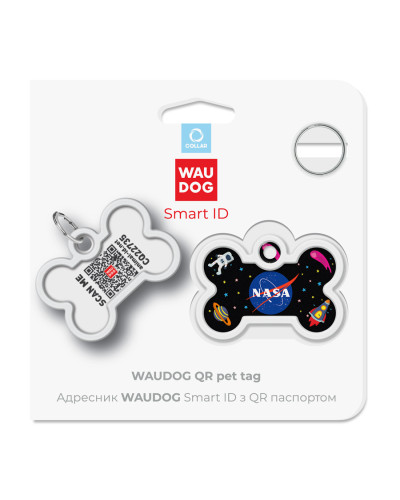 Адресник для собак і котів металевий WAUDOG Smart ID з QR паспортом, малюнок "NASA", кістка, Д 40 мм, Ш 28 мм