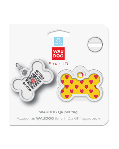 Адресник для собак і котів металевий WAUDOG Smart ID з QR паспортом, малюнок "Серця", кістка, Д 40 мм, Ш 28 мм