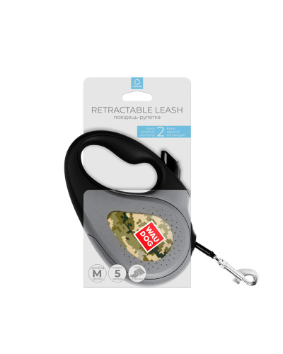 Повідець-рулетка для собак WAUDOG R-leash, малюнок "Мілітарі", M, до 25 кг, 5 м, світловідбиваюча стрічка