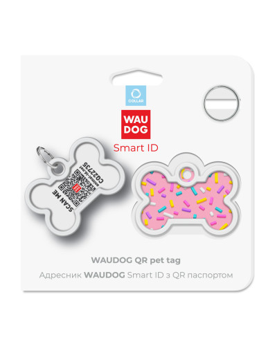 Адресник для собак і котів металевий WAUDOG Smart ID з QR паспортом, малюнок "Маршмеллоу", кістка, Д 40 мм, Ш 28 мм