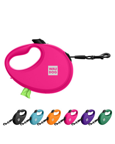 Повідець-рулетка для собак WAUDOG R-leash з контейнером для пакетів, світловідбивна стрічка, L, до 40 кг, 5 м, рожевий