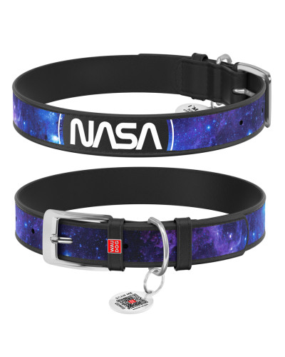 Нашийник для собак шкіряний WAUDOG Design з QR паспортом, малюнок "NASA21", L, Ш 25 мм, Д 38-49 см чорний