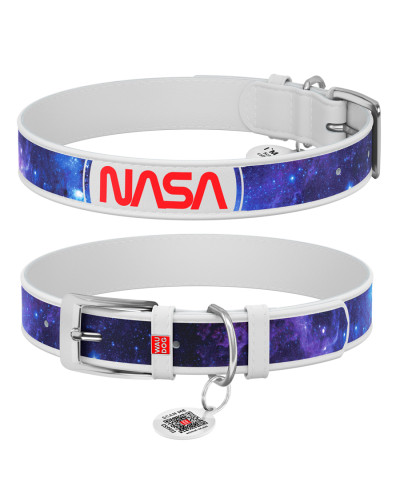 Нашийник для собак шкіряний WAUDOG Design з QR паспортом, малюнок "NASA21", S, Ш 15 мм, Д 26-35 см, білий