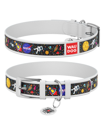 Нашийник для собак шкіряний WAUDOG Design з QR паспортом, малюнок "NASA", XS, Ш 12 мм, Дов 20-28 см, білий