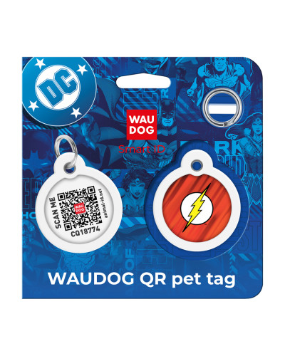 Адресник для собак і котів металевий WAUDOG Smart ID з QR паспортом, малюнок "Флеш лого", коло, Д 30 мм
