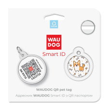 Адресник для собак та котів металічний WAUDOG Smart ID з QR паспортом, малюнок "Коргі", круг, Д 25 мм