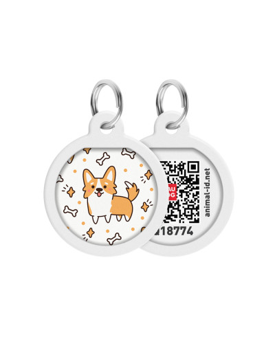 Адресник для собак та котів металічний WAUDOG Smart ID з QR паспортом, малюнок "Коргі", круг, Д 25 мм
