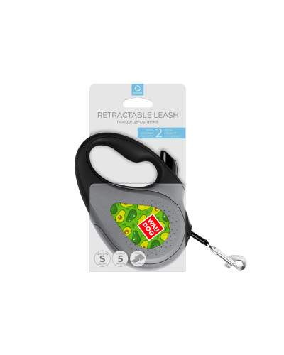 Повідець-рулетка для собак WAUDOG R-leash, малюнок "Авокадо", S, до 15 кг, 5 м, світловідбиваюча стрічка чорний