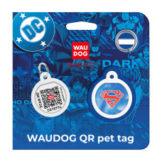 Адресник для собак і котів металевий WAUDOG Smart ID з QR паспортом, малюнок "Супермен ретро", коло, Д 25 мм