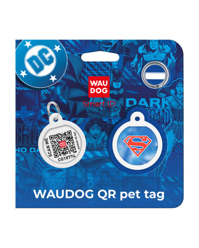 Адресник для собак і котів металевий WAUDOG Smart ID з QR паспортом, малюнок "Супермен ретро", коло, Д 25 мм