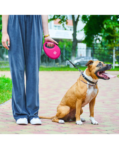 Повідець-рулетка для собак WAUDOG R-leash з контейнером для пакетів, світловідбивна стрічка, L, до 40 кг, 5 м, рожевий