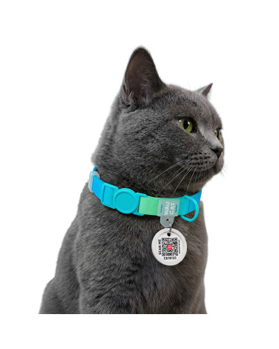 Нашийник для котів нейлоновий WAUCAT Nylon Recycled з QR адресником, градієнт, безпечна пряжка, XS, Ш 10 мм, Дов 20-30 см, блакитний