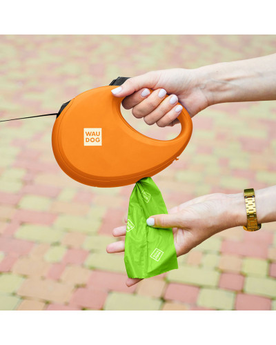 Повідець-рулетка для собак WAUDOG R-leash з контейнером для пакетів, світловідбивна стрічка, L, до 40 кг, 5 м, помаранчевий