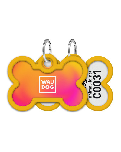 Адресник для собак і котів металевий WAUDOG Smart ID з QR паспортом, малюнок "Градієнт помаранчевий", кістка, Д 40 мм, Ш 28 мм