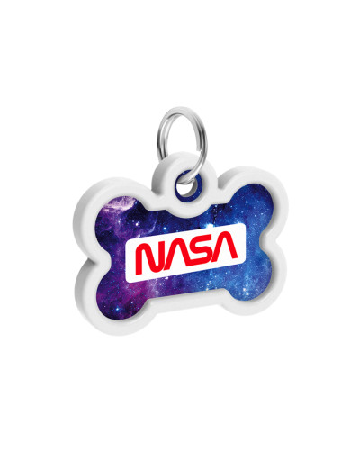Адресник для собак і котів металевий WAUDOG Smart ID з QR паспортом, малюнок "NASA21", кістка, Д 40 мм, Ш 28 мм
