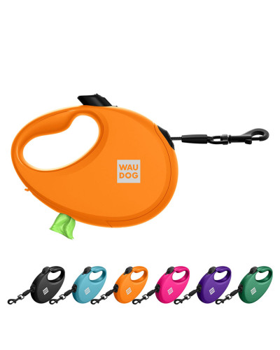 Повідець-рулетка для собак WAUDOG R-leash з контейнером для пакетів, світловідбивна стрічка, L, до 40 кг, 5 м, помаранчевий