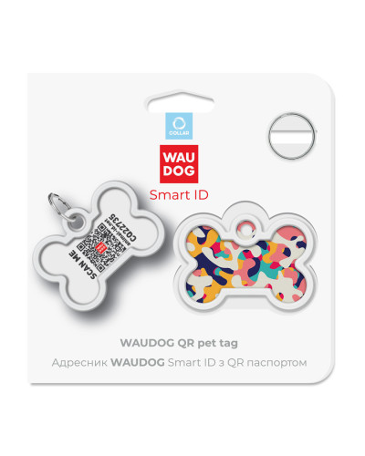 Адресник для собак і котів металевий WAUDOG Smart ID з QR паспортом, малюнок "Камо різнокольоровий", кістка, Д 40 мм, Ш 28 мм