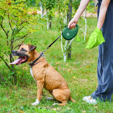 Повідець-рулетка для собак WAUDOG R-leash з контейнером для пакетів, світловідбивна стрічка, L, до 40 кг, 5 м, зелений