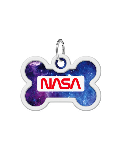 Адресник для собак і котів металевий WAUDOG Smart ID з QR паспортом, малюнок "NASA21", кістка, Д 40 мм, Ш 28 мм