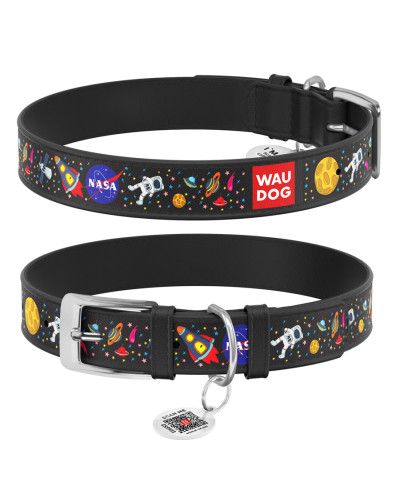 Нашийник для собак шкіряний WAUDOG Design з QR паспортом, малюнок "NASA", XXS, Ш 12 мм, Дов 18-24 см, чорний