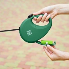 Повідець-рулетка для собак WAUDOG R-leash з контейнером для пакетів, світловідбивна стрічка, L, до 40 кг, 5 м, зелений