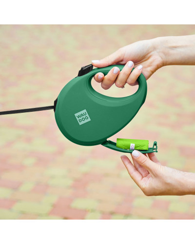 Повідець-рулетка для собак WAUDOG R-leash з контейнером для пакетів, світловідбивна стрічка, L, до 40 кг, 5 м, зелений