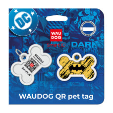 Адресник для собак і котів металевий WAUDOG Smart ID з QR паспортом, малюнок "Бетмен ескіз", кістка, Д 40 мм, Ш 28 мм
