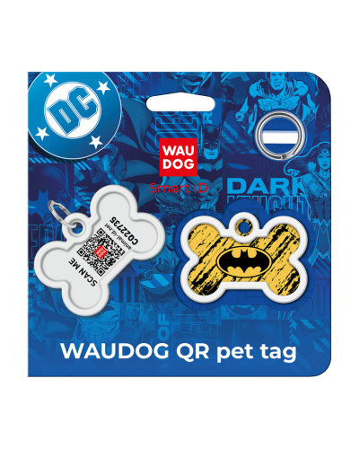 Адресник для собак і котів металевий WAUDOG Smart ID з QR паспортом, малюнок "Бетмен ескіз", кістка, Д 40 мм, Ш 28 мм