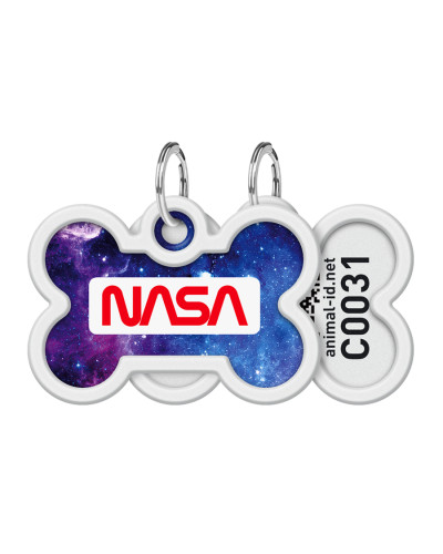 Адресник для собак і котів металевий WAUDOG Smart ID з QR паспортом, малюнок "NASA21", кістка, Д 40 мм, Ш 28 мм