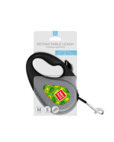 Повідець-рулетка для собак WAUDOG R-leash, малюнок "Авокадо", M, до 25 кг, 5 м, світловідбиваюча стрічка чорний