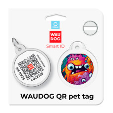 Адресник для собак і котів металевий WAUDOG Smart ID з QR паспортом, малюнок "Зубасті монстри", коло, Д 25 мм
