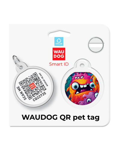 Адресник для собак і котів металевий WAUDOG Smart ID з QR паспортом, малюнок "Зубасті монстри", коло, Д 25 мм