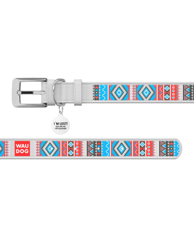 Нашийник для собак шкіряний WAUDOG Design з QR паспортом, малюнок "Етно", S, Ш 15 мм, Дов 26-35 см, білий
