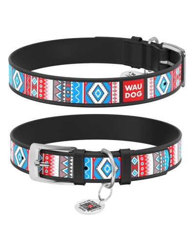Нашийник для собак шкіряний WAUDOG Design з QR паспортом, малюнок "Етно", L, Ш 25 мм, Дов 38-49 см чорний