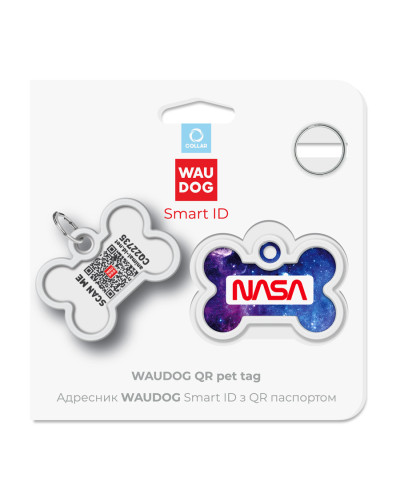 Адресник для собак і котів металевий WAUDOG Smart ID з QR паспортом, малюнок "NASA21", кістка, Д 40 мм, Ш 28 мм