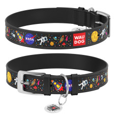 Нашийник для собак шкіряний WAUDOG Design з QR паспортом, малюнок "NASA", M, Ш 20 мм, Дов 29-38 см, чорний