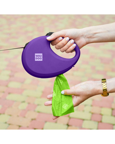 Повідець-рулетка для собак WAUDOG R-leash з контейнером для пакетів, світловідбивна стрічка, L, до 40 кг, 5 м, фіолетовий