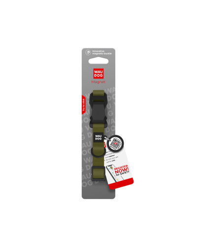 Нашийник для собак водостійкий WAUDOG Magnet c QR паспортом, магнітна пряжка-фастекс, S, Ш 15 мм, Дов 26-35 см, хакі