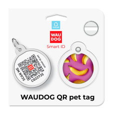 Адресник для собак і котів металевий WAUDOG Smart ID з QR паспортом, малюнок "Банани на рожевому", коло, Д 30 мм